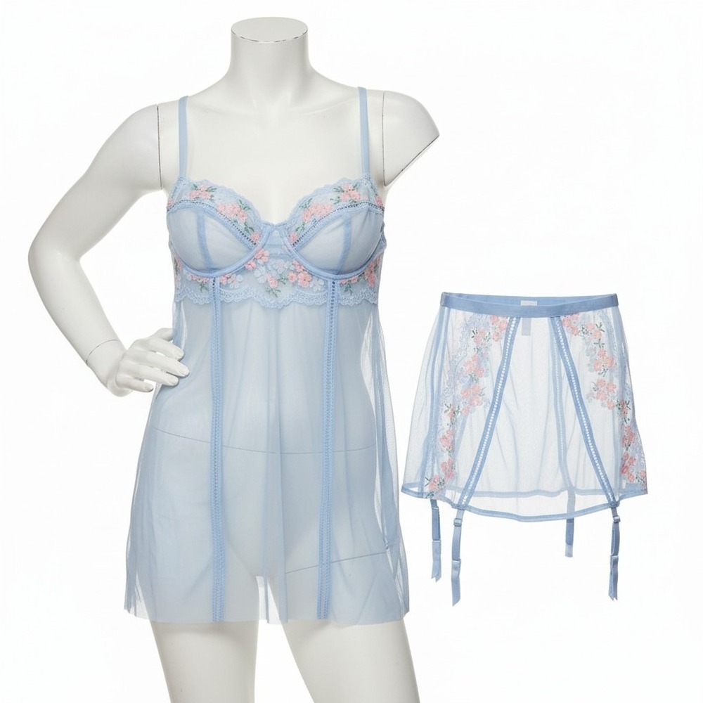 Auden Blue Floral Mesh Chemise and Garter Belt Set NWT XS‎ Underwire Babydoll